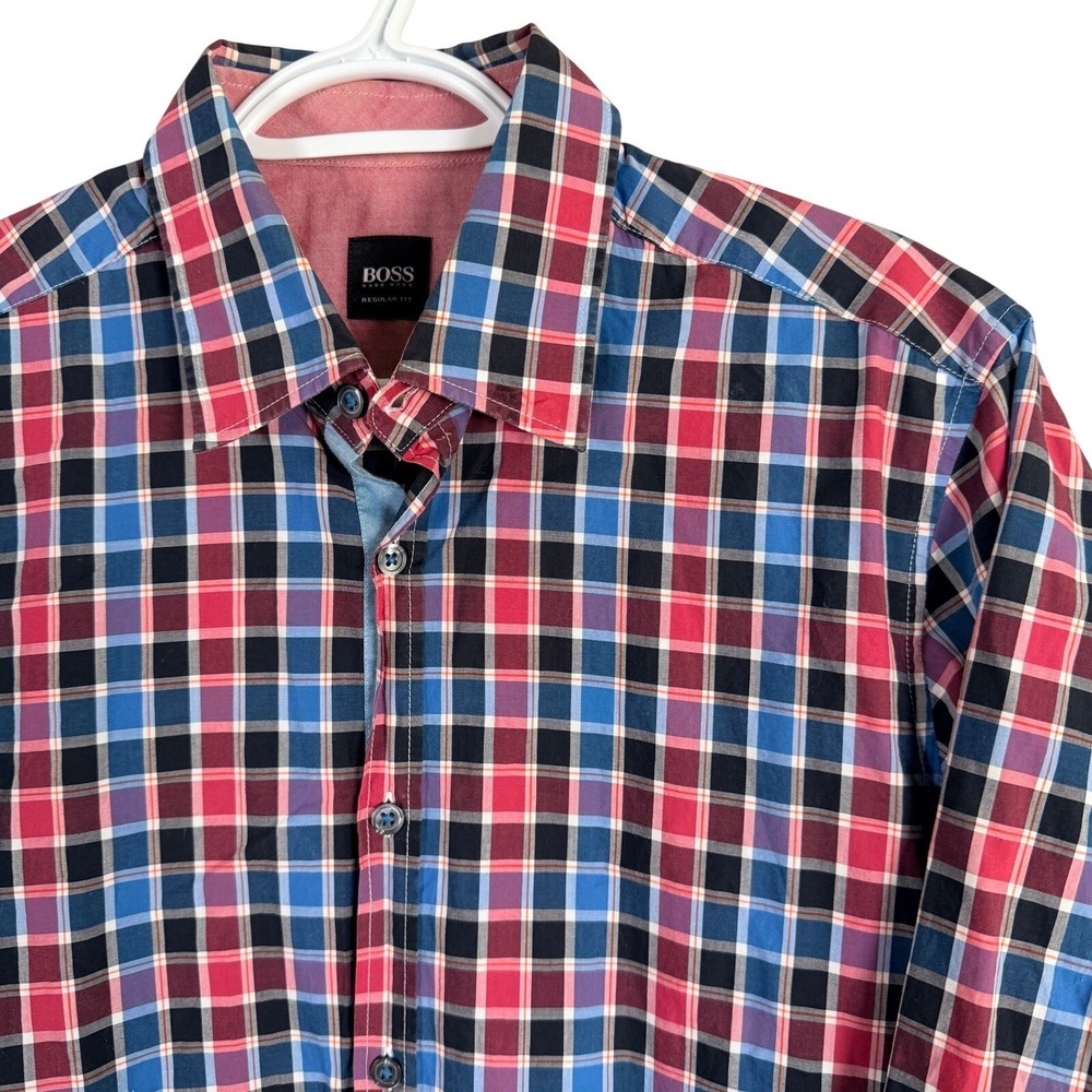 Hugo Boss Obert Modern Essential Shirt Regular Fit Mens M Blue Pink Plaid Cotton